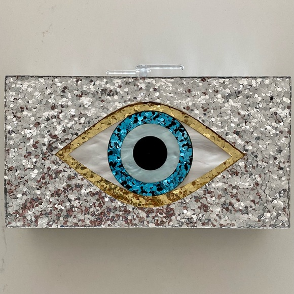 Evil eye pattern silver glitter acrylic clutch, comes with chain link strap - Picture 1 of 5